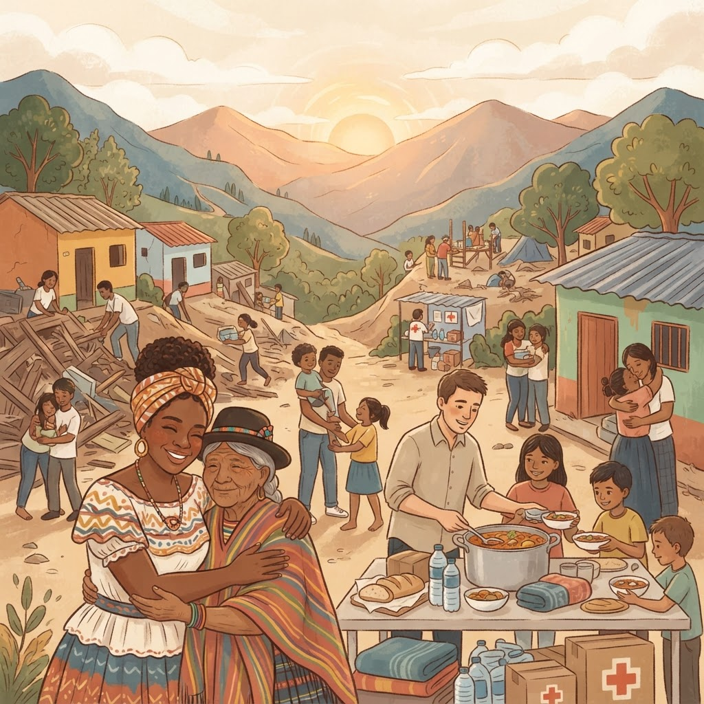 Ilustración cálida de una comunidad colombiana ayudándose entre sí tras el terremoto